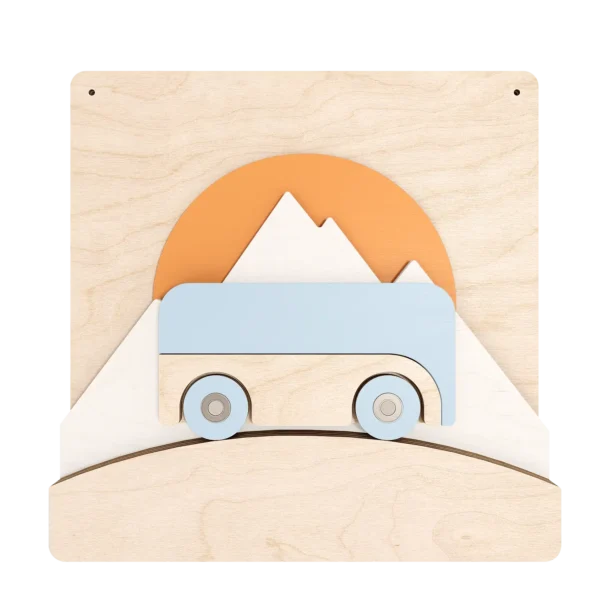 Plywood toy. Automobile, car, bus riding through the mountains. Dawning sun in the background. Healthy natural toy.
