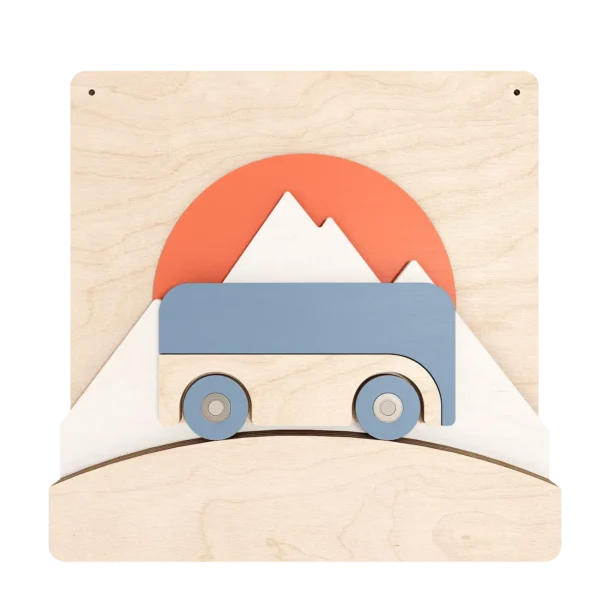Plywood toy. Automobile, car, bus on riding through the maountains. Dawning sun in the background. Healthy natural toy.